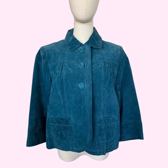 VTG Chico's Genuine Suede Teal Cropped Pea Coat Style Exaggerated Button Jacket - Picture 1 of 11